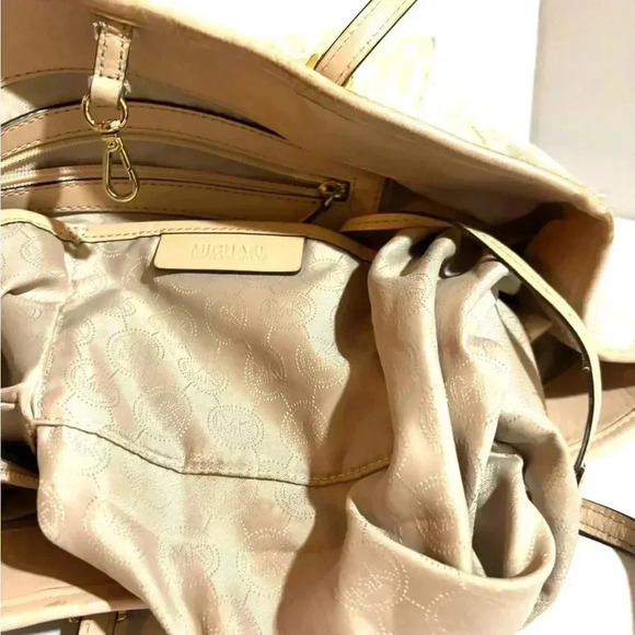 Michael Kors MK Signature Canvas Tote Bag Beige Gold Hardware Michael Kors beige gray MK signature print canvas shoulder handbag